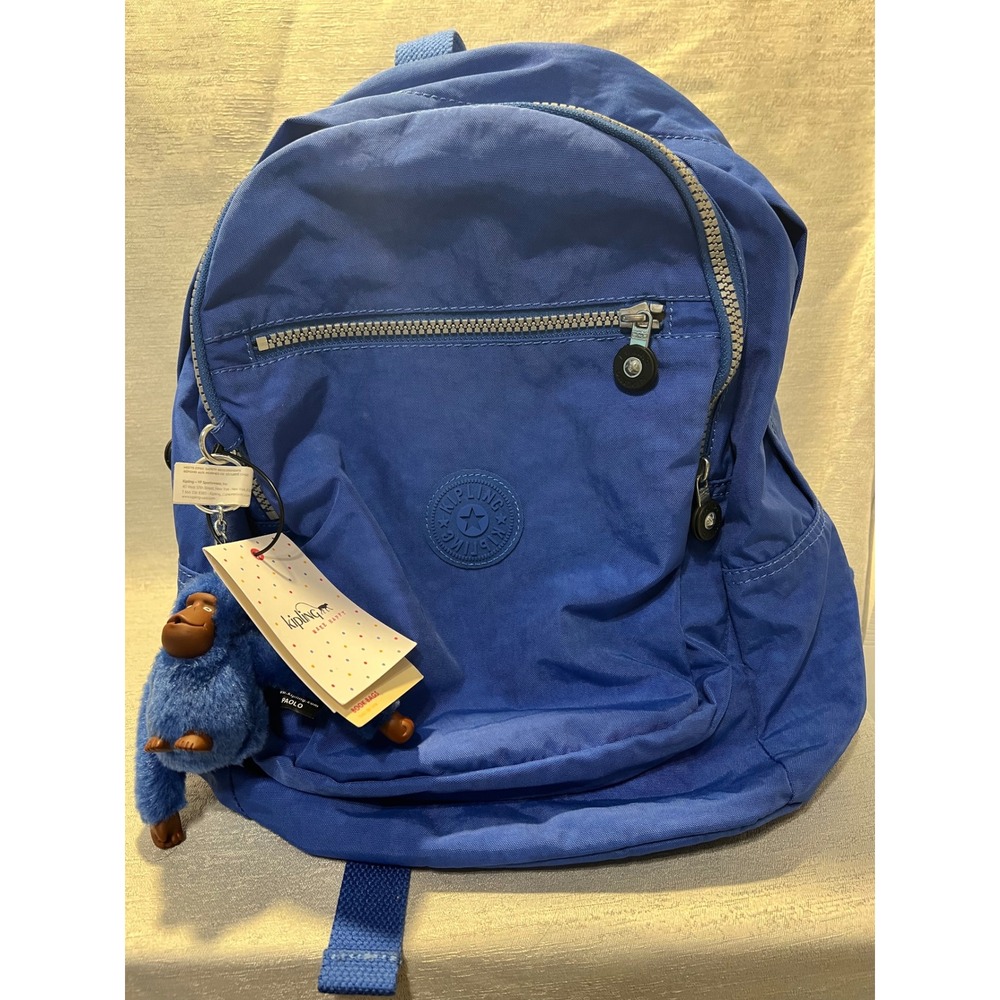 Kipling Seoul Small Backpack Blue Crinkle Nylon Book Bag with Paolo Monkey NWT